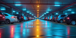 Parking en ouvrage moderne à l'éclairage néon, voitures stationnées de part et d'autre